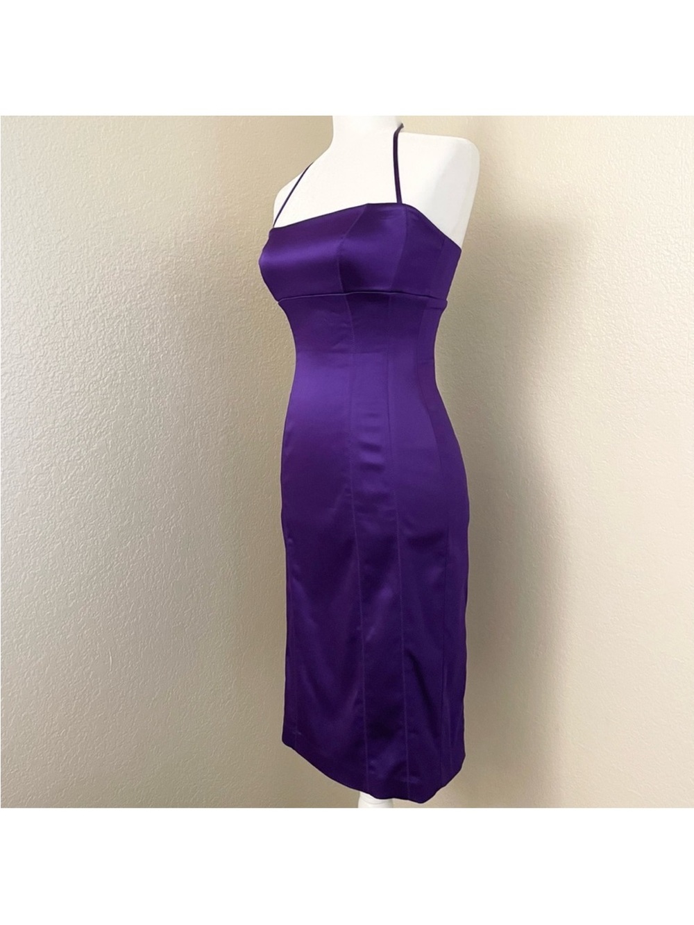 Vintage Bebe Purple Satin Spaghetti Strap Sheath Dress Large
